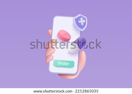 3d online pharmacy with first aid kit and other medical equipment. Medicine ordering mobile phone in holding hand concept of healthcare. 3d drug store and e-commerce icon vector render illustration