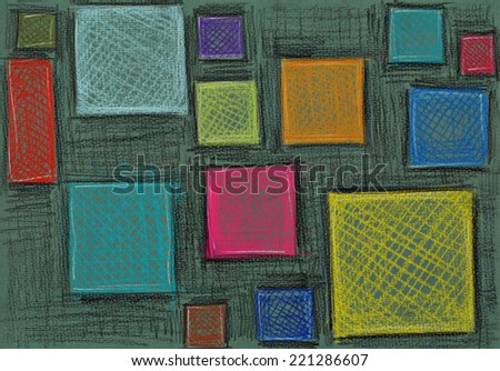 Colored squares. Colored crayons drawing on paper.
