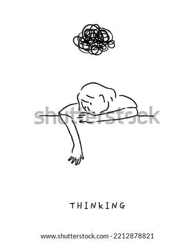 Thinking woman sitting pensive contemplating looking skeptic. Exhausted young woman sitting with her head down on a desk, being frustrated and stressed by a difficult problem. Hand drawn style. Royalty-Free Stock Photo #2212878821