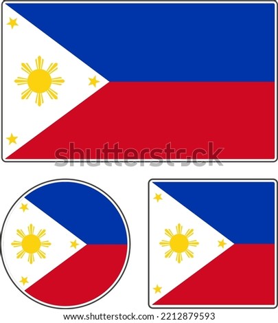 
Flags of the countries of the world. National flag of the Philippines. Illustration with stars and pattern. Rectangular, round and square shapes. White blue yellow red vector illustration.