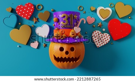 3d rendering, happy halloween, pumpkin and many hearts pictures light blue color  background, illustration oct 31st celebration.