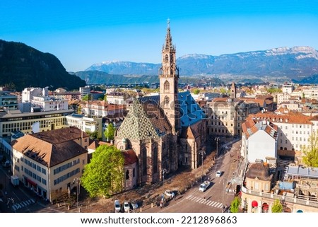 Bolzano Cathedral or Duomo di Bolzano aerial panoramic view, located in Bolzano city in South Tyrol, Italy Royalty-Free Stock Photo #2212896863