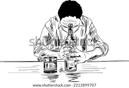 Man depressed with wine bottle sitting, sketch drawing of People abuse and alcoholism problems, Drunk man with empty wine bottle, outline vector illustration, wine clip art silhouette