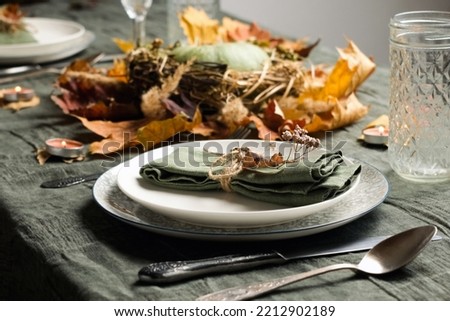 Thanksgiving table setting. Autumnal holiday feast. 