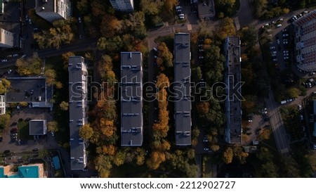 City houses and bird's eye view autumn trees.