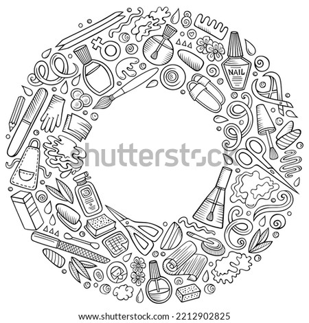 Sketchy vector set of Nail Salon cartoon doodle objects, symbols and items. Round frame composition