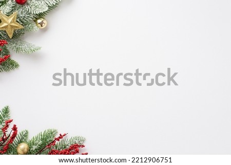 New Year concept. Top view photo of pine branch in snow decorated with baubles star ornament and mistletoe berries on isolated white background with empty space