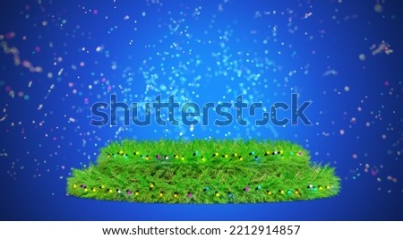 Podium from branches of a Christmas tree, on a blue background. Christmas pedestal covered with fir branches and garland light. 3D Render
