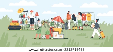 Flea market used goods background with cartoon people characters, flat vector illustration. Flea market and sale of second-hand things banner backdrop design.