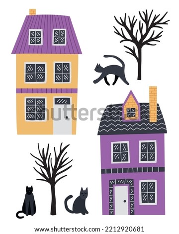 Cute vector country houses and blac cats set. Doodle houses and cats clip art