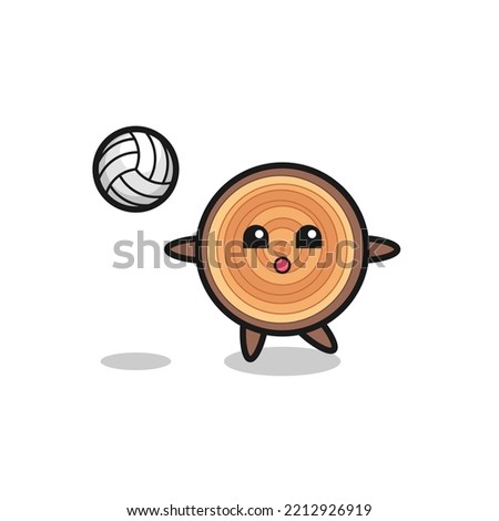 Character cartoon of wood grain is playing volleyball , cute design