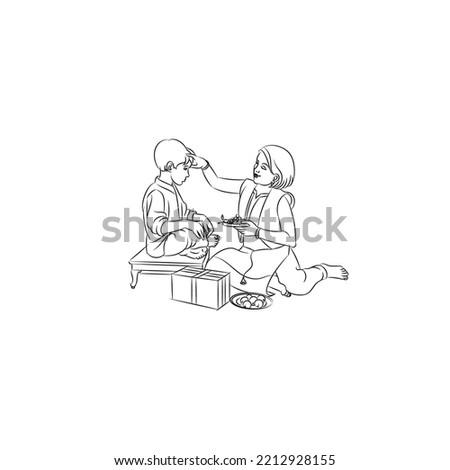 small brother and sister during bhai dooj vector line drawing Royalty-Free Stock Photo #2212928155