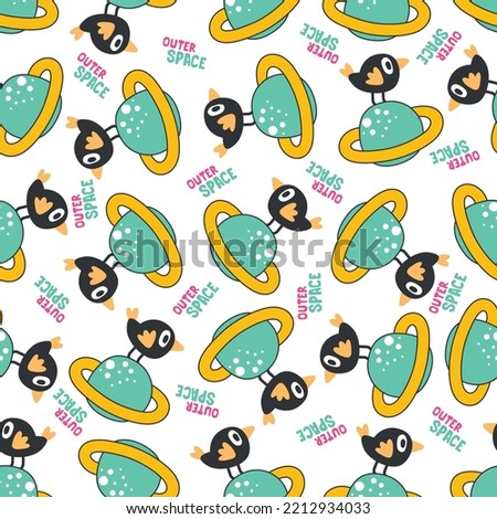 Vector bird character  in the space with planet and rocket isolated on white background, Can be used for t-shirt print, fabric textile, nursery wallpaper and other decoration
