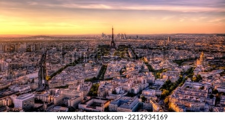 Panorama Sunset View of Eiffel Tower Paris Skyline from top of Tour Montparnasse Royalty-Free Stock Photo #2212934169