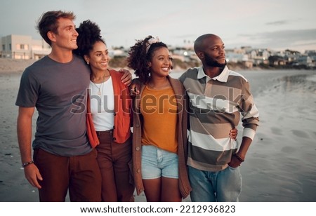 Diversity, friends and happy with view at beach together on holiday, road trip and getaway being calm and peaceful. Ocean, diverse couples and have fun at seaside vacation, smile and enjoy to travel.