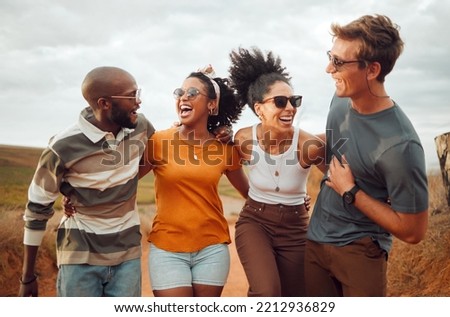 Happy, diversity and friends on a safari holiday or vacation trip outdoors in Australia as a young group. Funny women, memory and excited people enjoy laughing, adventure and nature with freedom Royalty-Free Stock Photo #2212936829