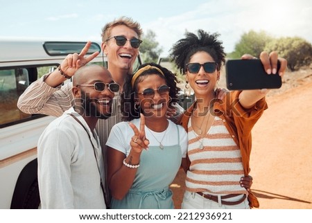 Diversity, selfie and friends on road trip adventure in a countryside taking a picture on phone. Travel, holiday and group of people with smartphone, car and smile on faces, happy on nature vacation