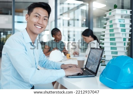 Architecture, laptop and portrait of businessman in office and working on engineering, design and construction planning. Innovation, creative and project management with asian employee with portfolio