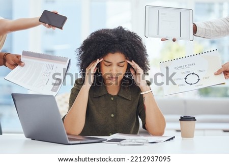 Woman, stress and burnout in business, office and headache feeling tired, frustrated and overworked. Black woman, depression and mental health with anxiety, depressed and sad working in finance job Royalty-Free Stock Photo #2212937095
