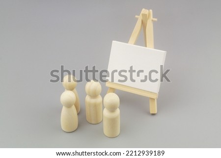 People figures and easel with blank canvas on gray background. Presentation, seminar and business meeting concept.