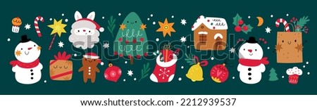 Christmas decor vector cartoon flat illustration. Traditional New Year design elements. Winter holidays collection with cute Christmas characters: Santa, Snowman, Gingerbread man, tree, gifts 