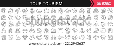 Tour tourism linear icons in black. Big UI icons collection in a flat design. Thin outline signs pack. Big set of icons for design