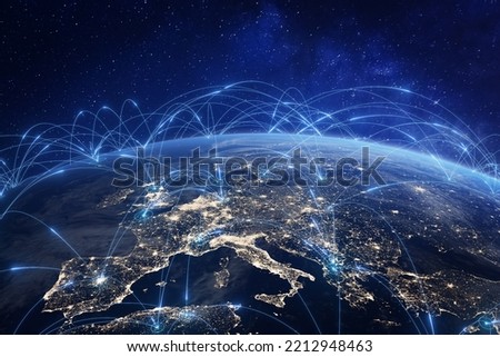Communication technology with global internet network connected in Europe. Telecommunication and data transfer european connection links. IoT, finance, business, blockchain, security. Royalty-Free Stock Photo #2212948463