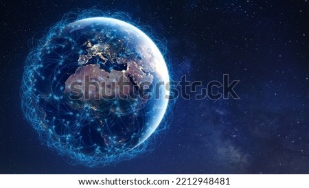 Communication technology with global internet network connected around the world. Telecommunication and data transfer international connection links. IoT, finance, business, blockchain, security. Royalty-Free Stock Photo #2212948481