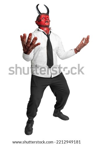 Devilman standing isolated over white background. Halloween concept