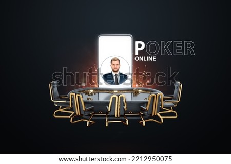 Poker online, player's smartphone at the poker table, poker room. Poker game, online casino, Texas hold'em, application, card games. Modern design, magazine style
