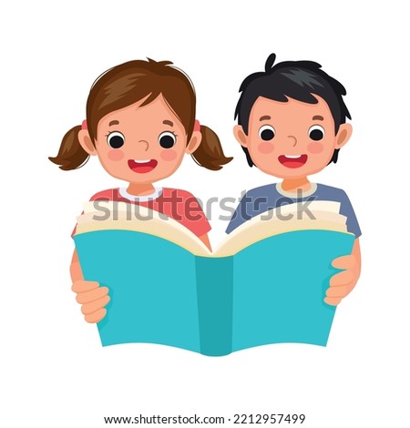 Cute little kids boy and girl holding big book reading together