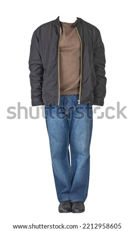 dark blue jeans,brown sweater,black jacket and  black leather shoes isolated on white background. Casual style