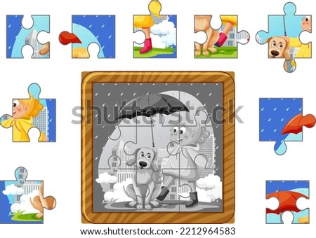 Girl and Dog Photo Jigsaw Puzzle Game Template illustration