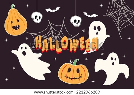 Happy Halloween. Banner with ghosts, pumpkins, skull, bats and cobwebs. Cartoon hand drawn design.
