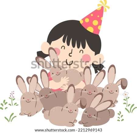 Illustration of Kid Girl Wearing Birthday Hat Hugging Rabbits in Petting Zoo