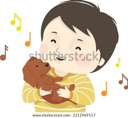 Illustration of Kid Boy Singing Lullaby to Pet Dog with Floating Musical Notes Around