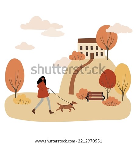 Fall city illustration, People walk in autumn park vector clipart, Cozy city street with houses in Scandinavian style and colorful trees png, Vector cityscape scenes, clip art in flat cartoon style.