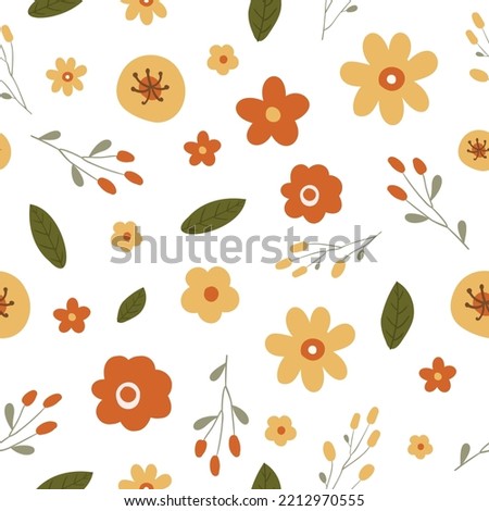 floral autumn seamless pattern, Autumn endless background with flowers and leaves, cozy digital paper, Vector illustration clipart in flat cartoon style.