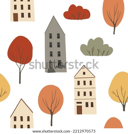 Fall seamless pattern, Autumn endless background with cute houses and fall trees, people in autumn city digital paper, cozy pattern with autumn vibes, Vector illustration clipart in flat cartoon style