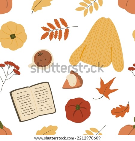 Fall seamless pattern with pumpkin and leaves, cute autumn endless background, cozy digital paper with autumn vibes, Vector illustration clipart in flat cartoon style.