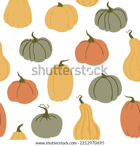 Fall seamless pattern with pumpkins, Autumn endless background with colorful pumpkins,  cozy digital paper, Vector illustration clipart in flat cartoon style.