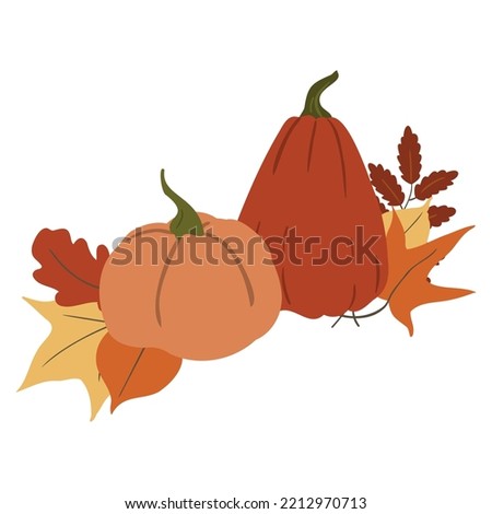 Fall illustrations with pumpkin and leaves, autumn pumpkin compositions png clipart, pumpkin with flowers vector illustration, floral compositions in flat style.