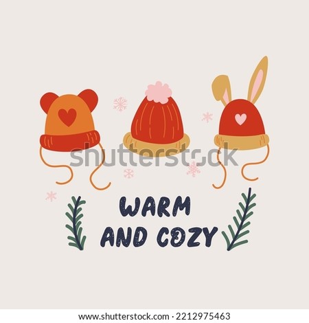 Set of warm winter hats, with bunny ears. Cute doodle style. Outerwear seasonal illustration