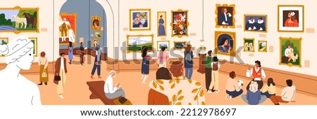 Visitors in traditional art gallery. People walk, look at classic pictures on walls at artworks exhibition in painting museum panorama. Tourists, guide in exposition hall. Flat vector illustration. Royalty-Free Stock Photo #2212978697