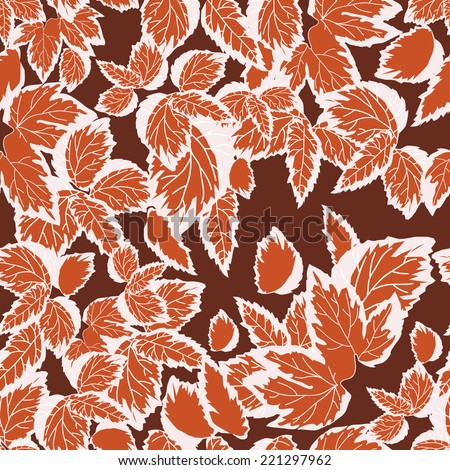 Seamless pattern with beige and brown hand drawn leaves on dark brown background. Clipping mask is used, vector illustration.