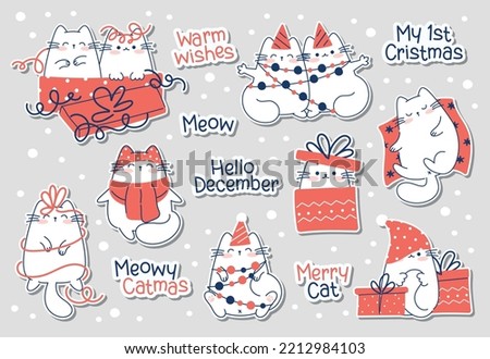 Draw funny stickers with cats for christmas and winter vector illustration character collection funny cats for Christmas and New year. Doodle cartoon style.