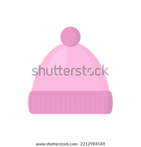 Winter pink hat with pom-pom isolated on white background. Cartoon knit cap clip art. Vector illustration of winter coat