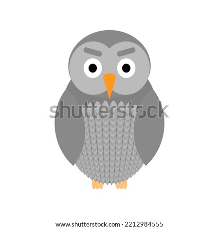 Grey owl isolated on white background. Simple flat bird with big eyes clip art. Cute vector illustration