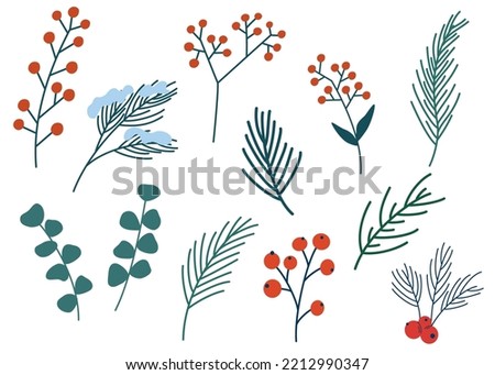 Spruce twig, berries and cones set. Winter plants. Christmas foliage twigs branches red berries. Pine, spruce, fir tree branches and cones, rowan, rosehip berries. Nature botanical elements. Vector Royalty-Free Stock Photo #2212990347