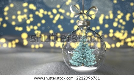 A fir in the Christmas tree globe, in the background bokeh lights.  3d illustration.